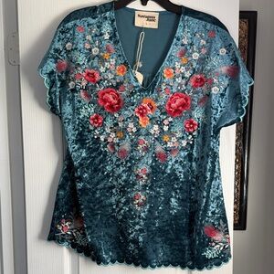Savanna Jane Velvet Top with Red Floral Embroidery